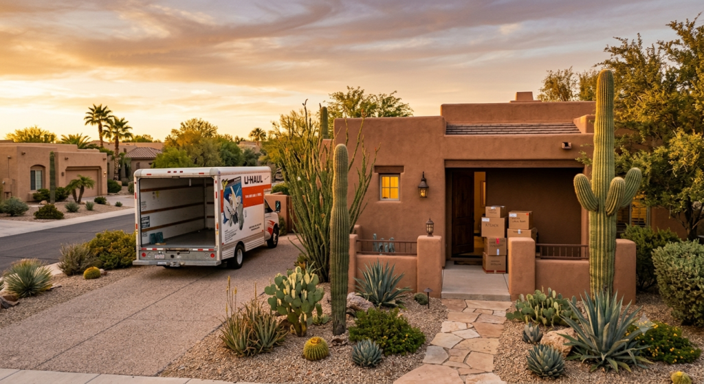 Moving truck and boxes outside a Phoenix home during a 90-day relocation timeline