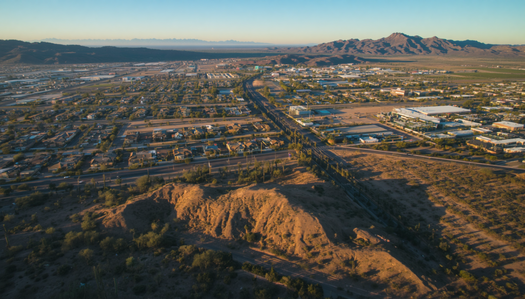 Aerial view of Phoenix-area neighborhoods, roads, open desert land, and mountains.