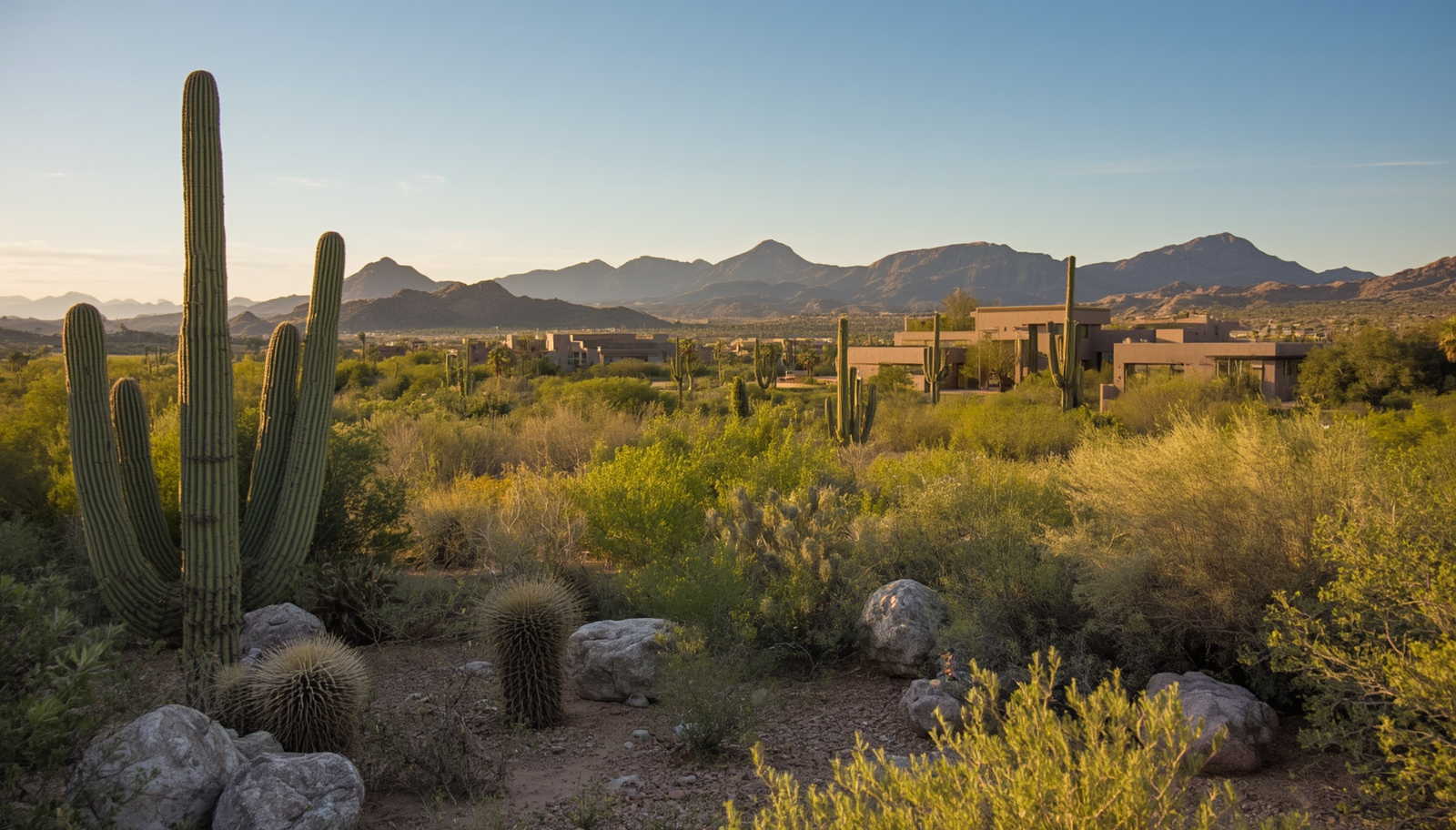 North Phoenix desert neighborhood with saguaro, homes, and mountain views.