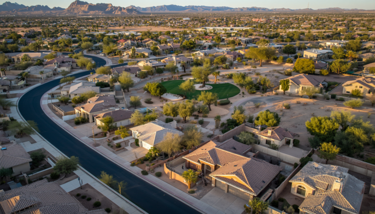 Aerial view showing a variety of Phoenix-area neighborhoods with desert landscapes and mountain views.