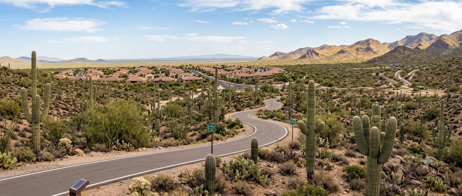 Desert hiking trail with saguaro cacti in North Phoenix
