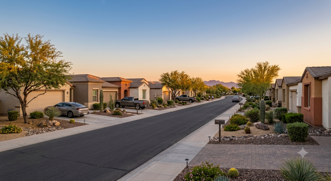 Suburban street with desert landscaping in North Phoenix