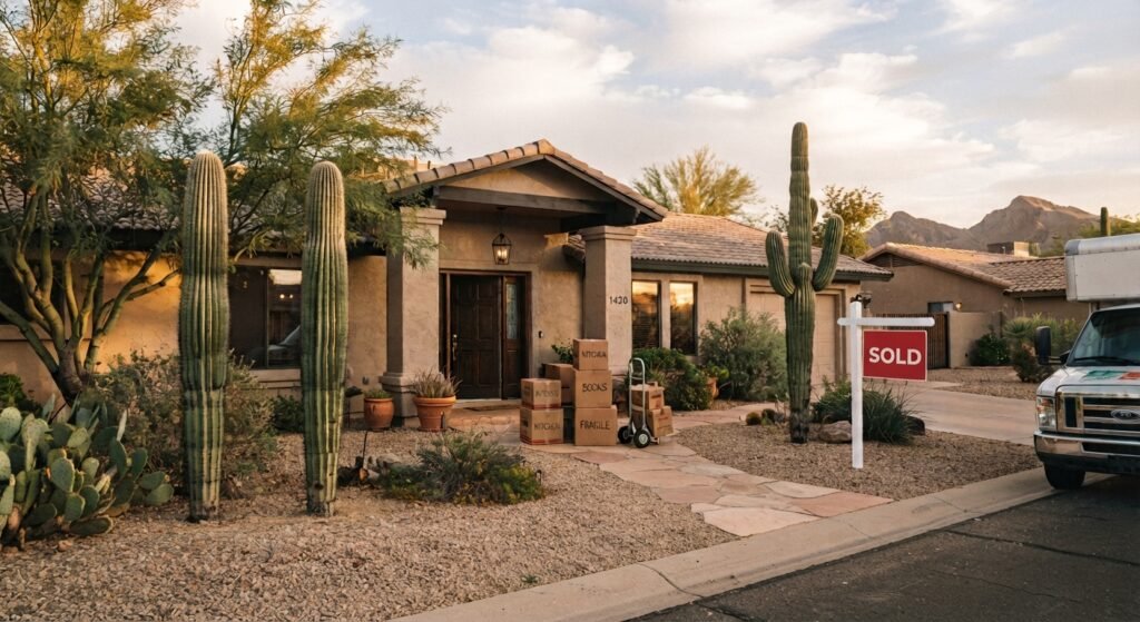SOLD sign and moving boxes outside a Phoenix home during a 90-day home selling timeline