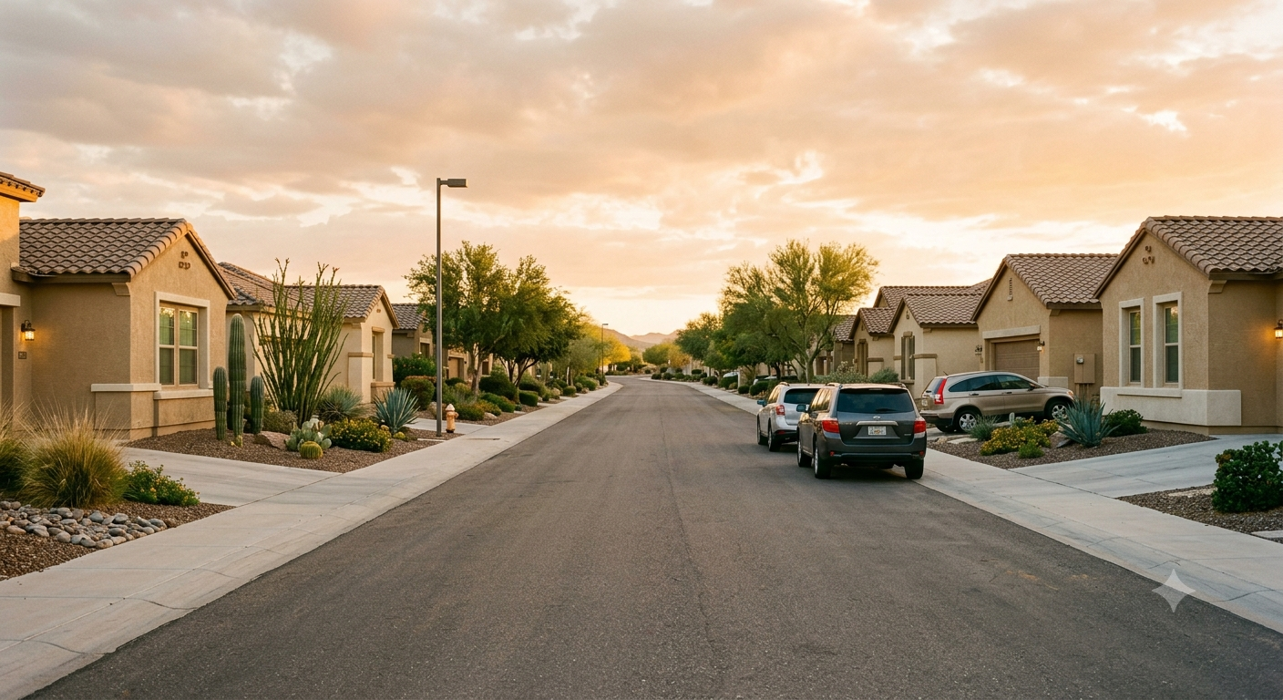 Quiet residential street in Anthem, Arizona at sunset, lined with desert-landscaped homes and parked cars