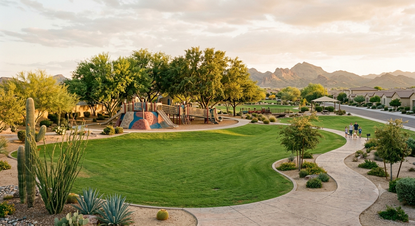 Neighborhood park in Anthem, Arizona with a playground, shade trees, and green lawn against a desert backdrop