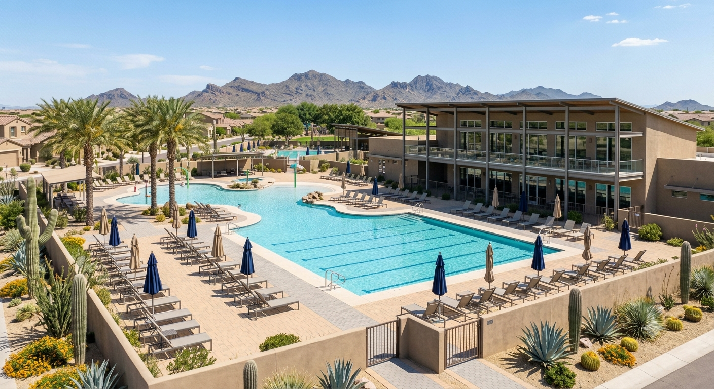 Resort-style community pool and clubhouse in Anthem, Arizona with lounge chairs and desert landscaping