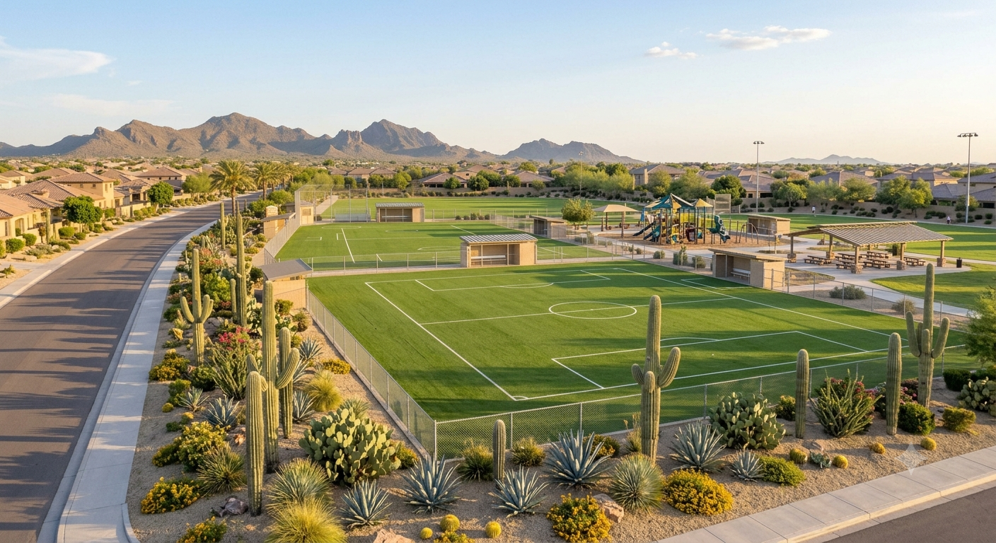 Expansive neighborhood sports park in Anthem, Arizona with multiple ball fields, a playground, and picnic ramadas backed by mountain views