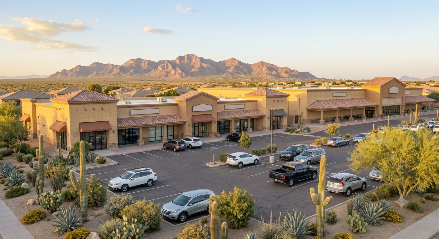 Neighborhood shopping center in Anthem, Arizona with desert landscaping, mountain views, and a small parking area
