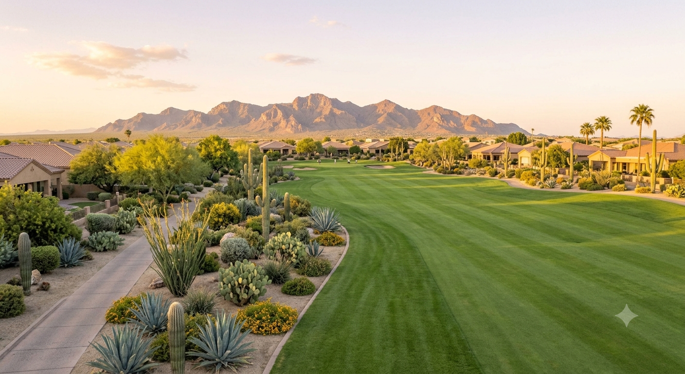 Golf course fairway at Anthem Golf & Country Club in Anthem, Arizona with desert landscaping and mountain backdrop