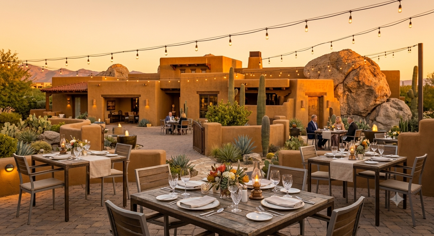 Upscale outdoor dining patio in Carefree at golden hour
