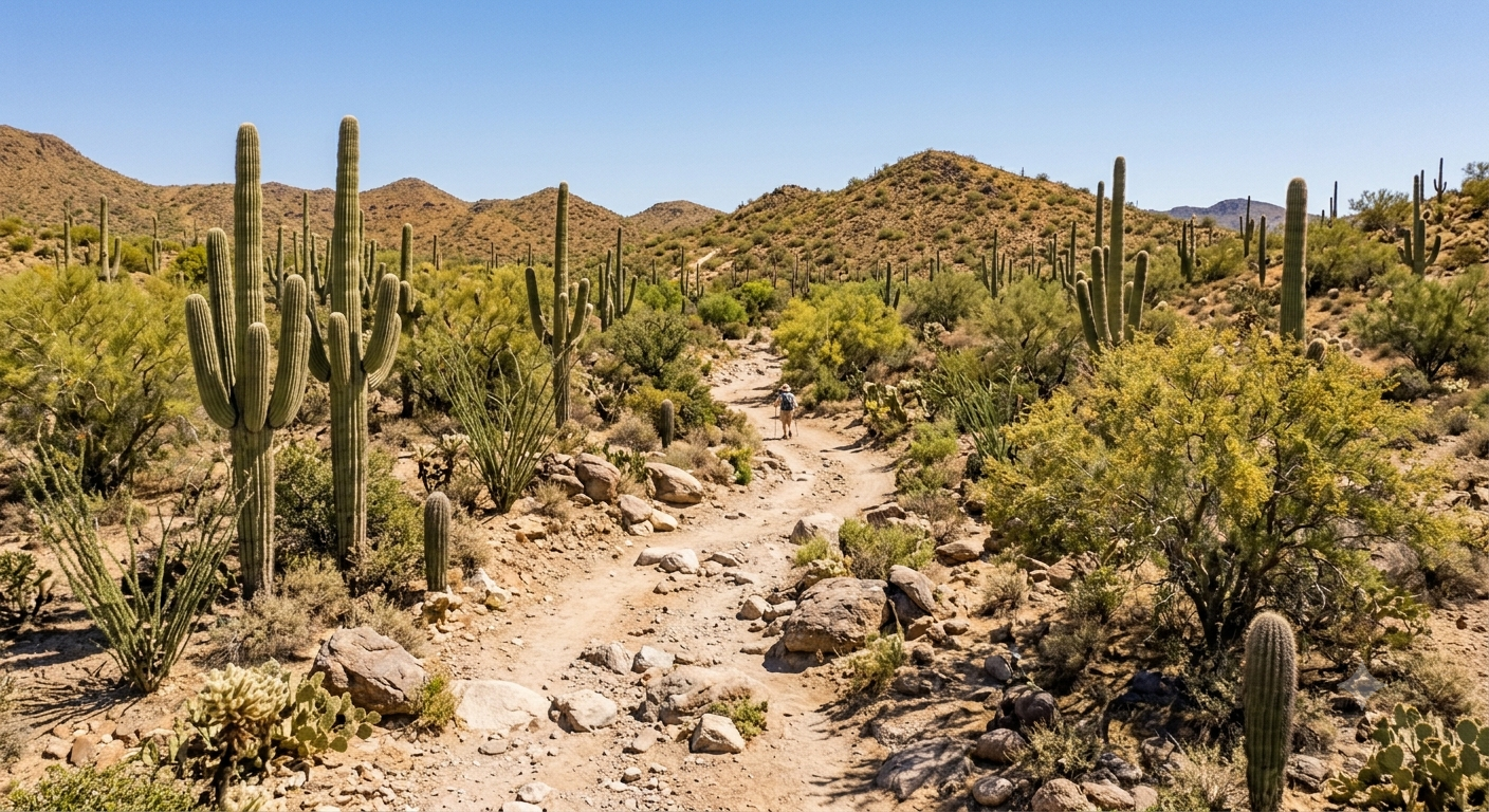 Rocky desert wash trail through saguaros near Cave Creek