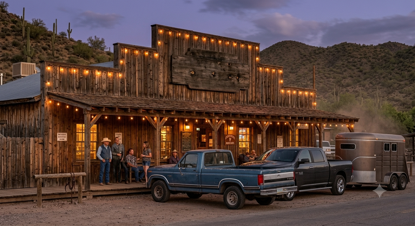 Western-style saloon exterior in Cave Creek at dusk