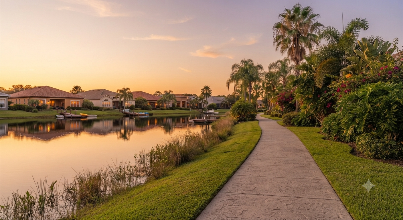 Lakefront walking path in a Glendale neighborhood at golden hour