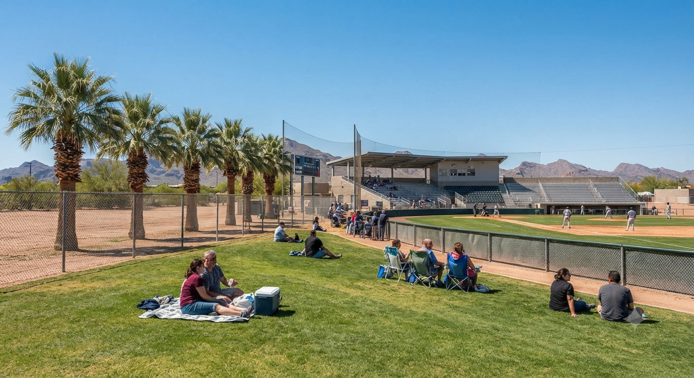 Spring training baseball game with grass berm seating near Glendale