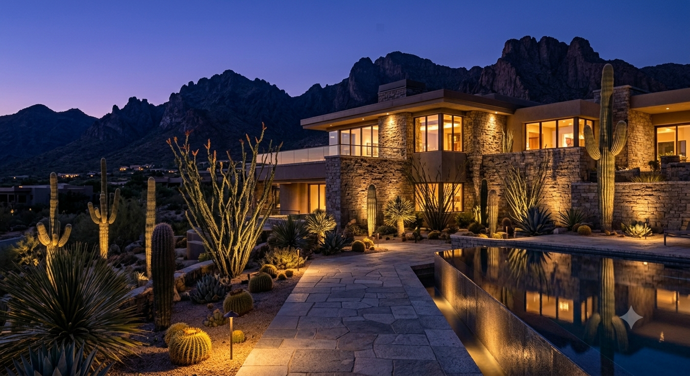 North Scottsdale custom estate home illuminated at dusk