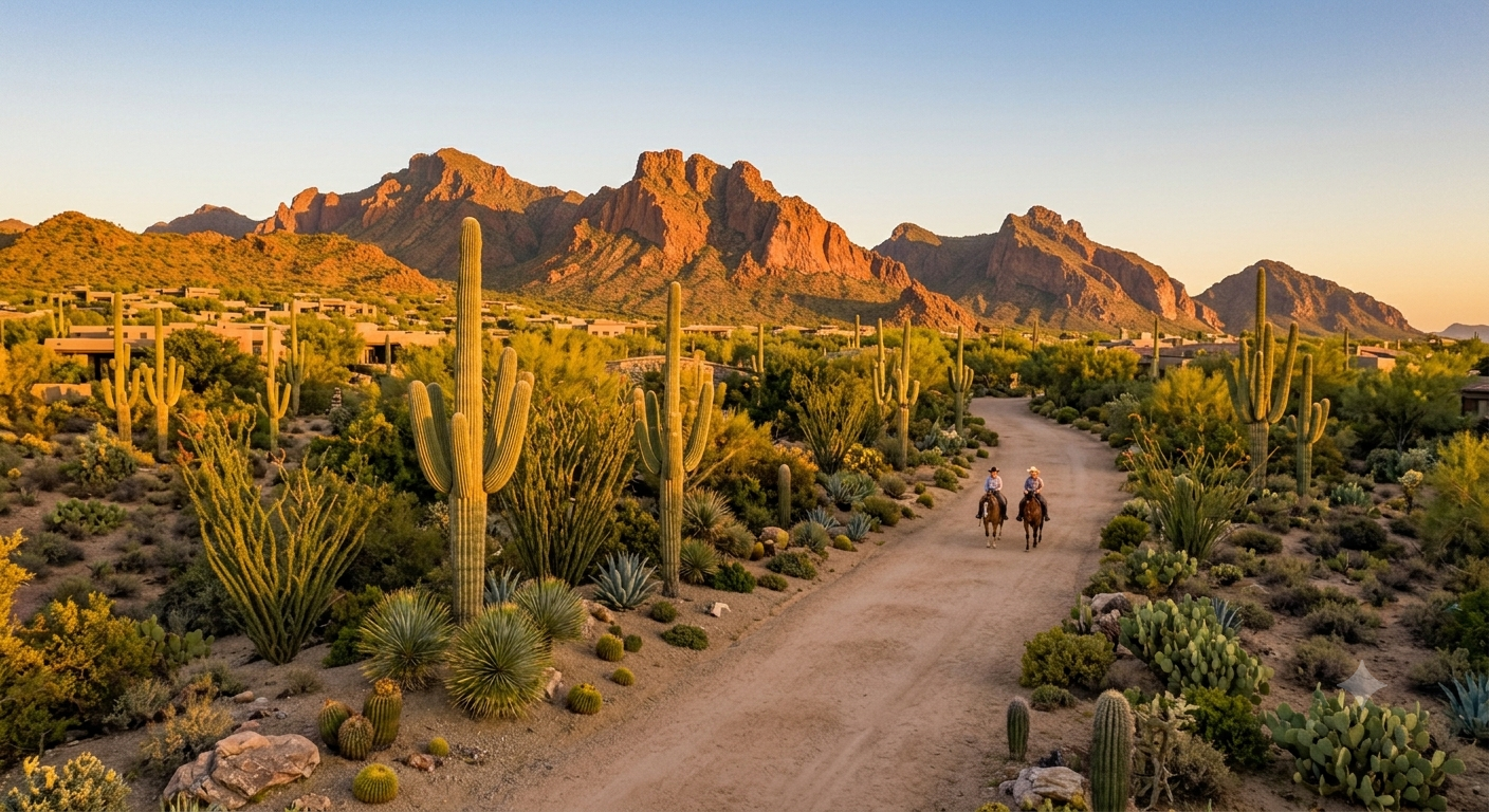 Horseback riders on a desert trail near North Scottsdale at golden hour