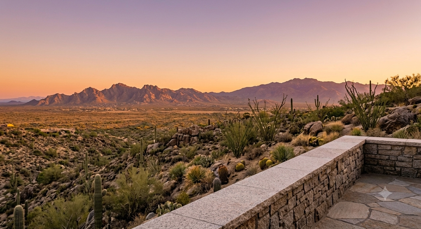 Sunset view of granite peaks from a North Scottsdale hillside home