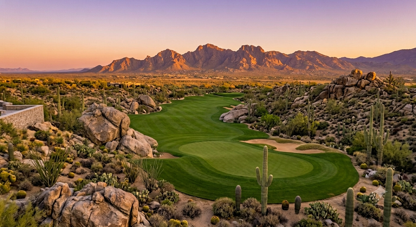 Desert golf fairway in North Scottsdale with granite boulders and mountain views