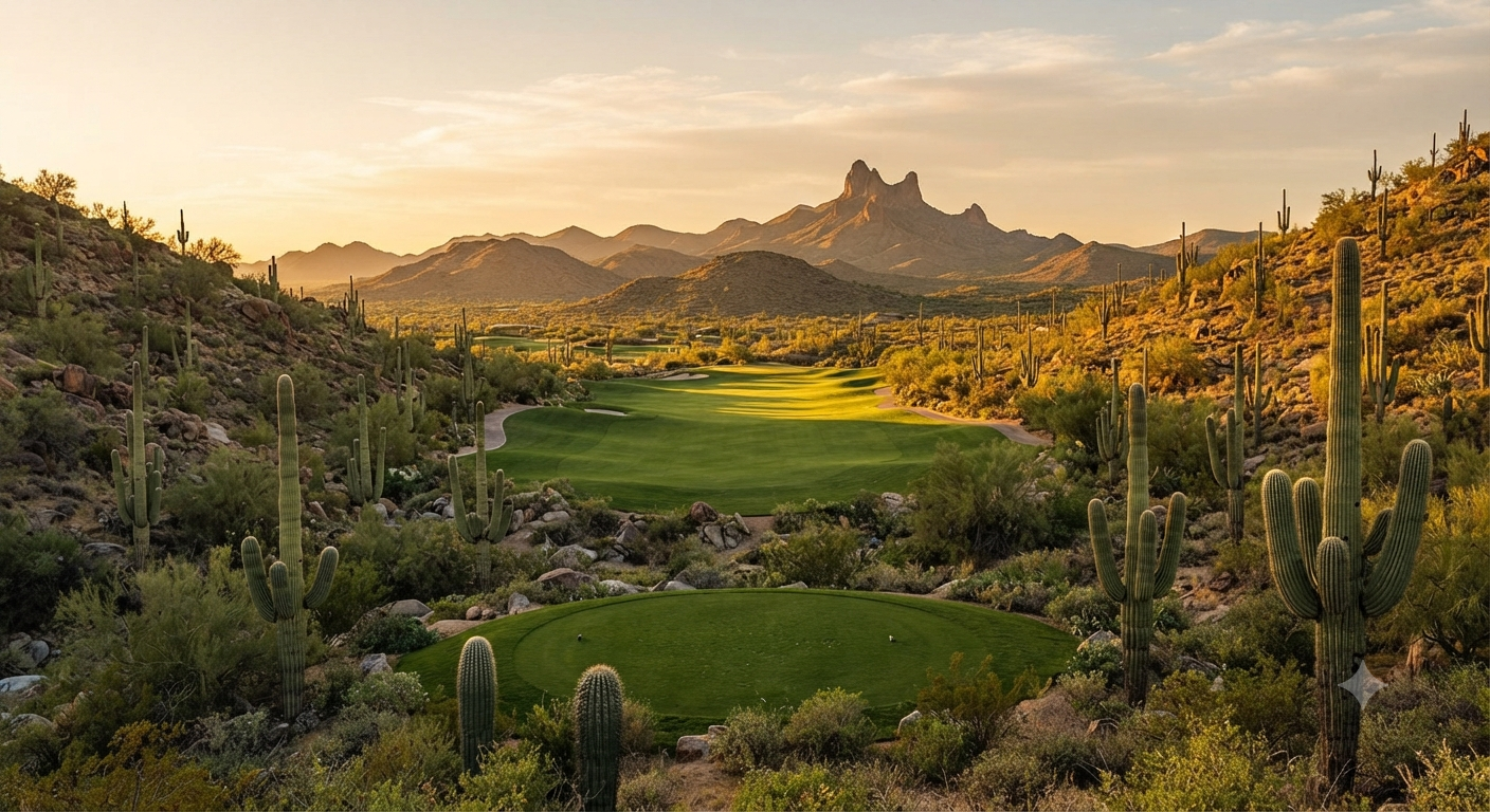 Desert golf fairway with Four Peaks views near Rio Verde