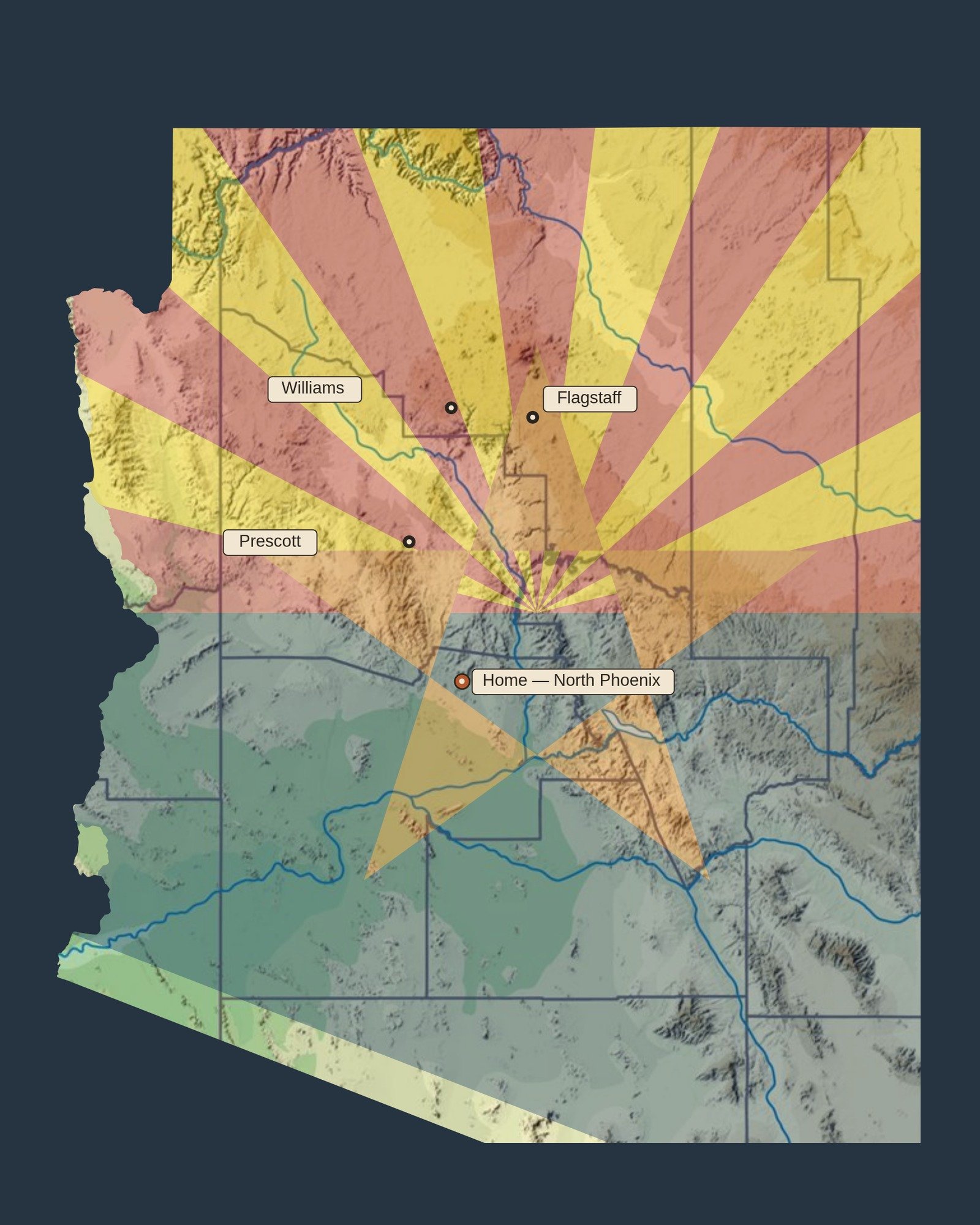 Map of Arizona with the state flag overlaid, marking Prescott, Williams, Flagstaff, and Deb's home area in North Phoenix.