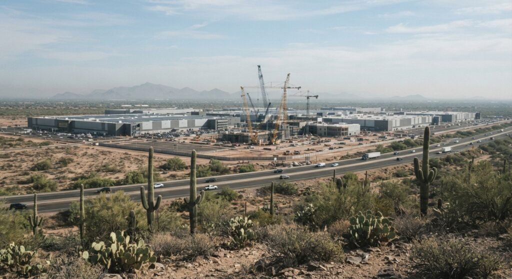 Construction cranes and a large chip plant campus beside a highway in the desert north of Phoenix, TSMC North Phoenix